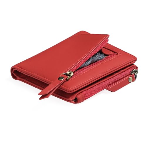 GOIACII Small Women's Wallet Compact Bifold Credit Card Holder Mini Ladies Purse with 2 Zipper Coin Pockets - color: D02 Red