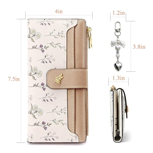 Women's Bifold Long Wallet, Slim & Thin RFID Blocking Floral Vegan Leather Card Holder with Bow Keychain (Brown) - color: Brown