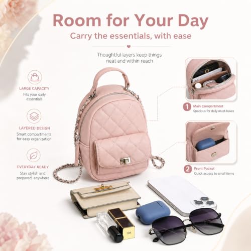 Pink Mini Quilted Backpack Purse for Women, Cute Small Fashion Backpack with Chain Strap, Trendy Travel Bag for Girls & Ladies - color: Pink