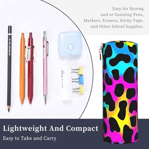 OSAM SPACE Leather Pencil Case Round Pencil Bag Leopard Print Rainbow Pen Organizer Holder Portable Zipper Pouch Cute School Supplies for Girls Boys Study Office - color: Leopard Print Rainbow