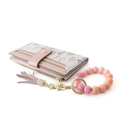 Womens Wallet RFID Blocking Slim Thin Floral Pattern | Card Holder Bifold with Coin Zipper Pocket Long Ladies Wallets for Girls Pink - color: Pink