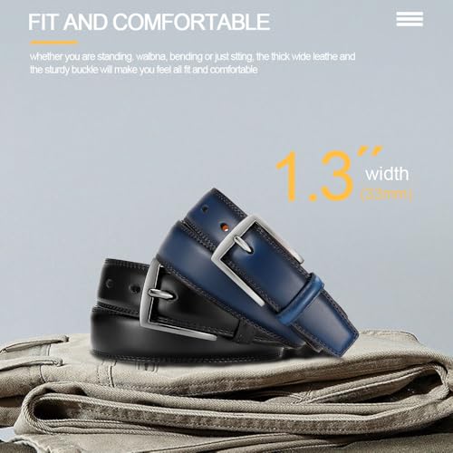 Men's Genuine Leather Dress Belts, 2 Pack, 1.32" Wide, | 100% genuine cowhide leather, handcrafted with classic prong buckles for business, casual, office, suit, jeans and daily wear - color: 03 Black Belt/Blue Belt, size: Fits 30" to 34" waist