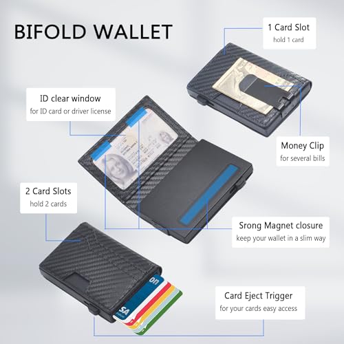 Kenpal Minimalist Wallet for Men, RFID Blocking Wallet with Money Clip, Pop Up Card Holder with Leather ID Window(Metal, Black CF)