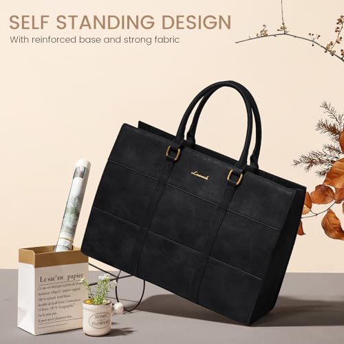 LOVEVOOK Laptop Bag for Women 15.6 Inch Laptop Tote Bag Vintage Leather Work Bags for Women Professional Computer bag | Two-piece set - color: Black, size: 15.6 inch