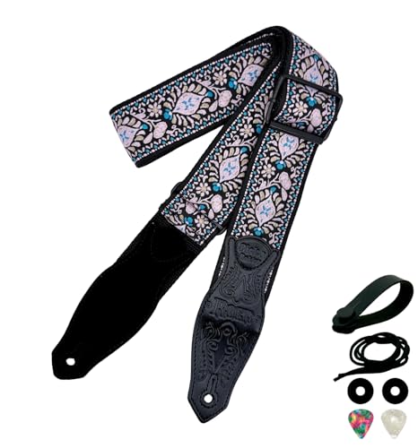 Rockyou 2" Wide Double-Layer Padded Guitar Strap with 4 Pick Holders, beauty Leather Ends & Metal Buckles(Purple Garden) - color: Purple Garden