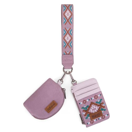 Wrangler Western Keychain Wristlet Wallets for Women Retro Dual Pouch Wristlet Credit Card Holder Wallet with Zipper Pocket WG2214-W0051PP - color: Aztec-Purple