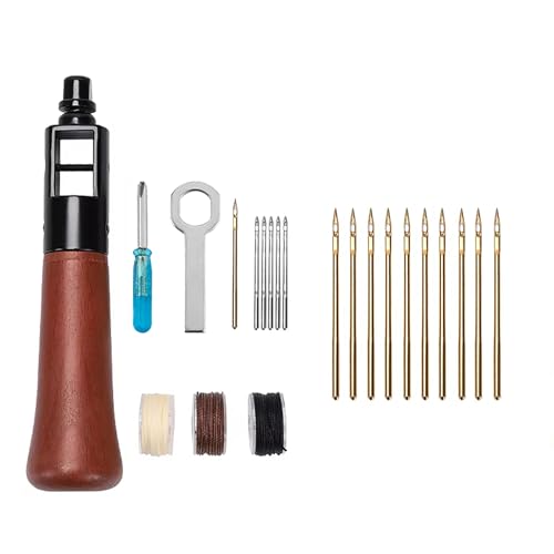 WUTA Repair Stitch Kit Leathercraft Stitch Awl Tool with 10Pcs Large Titanium-Plated Needle, for Leather, Belt, Canvas, Fabric, Bag Repair Professional Stitcher Leather Craft Tool - style: Set E (Stitch Awl Kit+10Pcs Large Gold Titanium-plated needle)