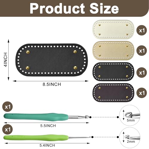 Enenes Crochet Bag Bases 4PCS, Leather Purse Bottoms with 2 Crochet Hooks | 4 leather purse bottoms in 4 colors with 2 crochet hooks for handmade bags, crochet purses, handbags and DIY bag making - color: 4+2 Mix Colors