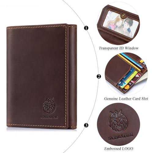 Trifold Wallets for Men RFID Blocking Full Grain Leather Short Mens Wallet with Snap Closure, 8 Card Slots, Clear ID Window, Brown - color: Brown