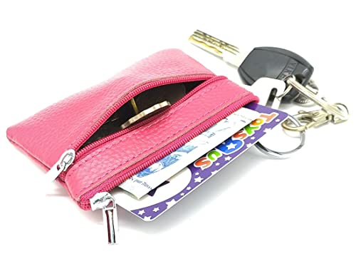 Women's Leather Small Coin Purse Pouch with Keychain Zipper, Mini Card Holder Case(Fuchsia) - color: Fuchsia