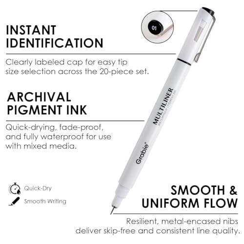 Grabie Micro Fineliner Pens, 10 Multicolor Waterproof Drawing Pens | Waterproof Pigment Ink, 10 Assorted Tip Sizes, Multicolor Fine Lines, Metal-Clad Nibs, Smooth Ink Flow, Smudge Resistant - color: 10-Multicolor