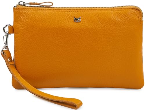 Leather Wristlet Wallet for Women Clutch Handbag Purse with Cell Phone Slot | Genuine Top Grain Leather, 8 Credit Card Slots, Detachable Strap, YKK Zipper, Gifts for Women - color: Mustard Nappa