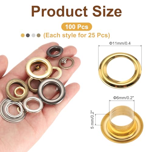 uxcell 100 Set Copper Grommets Eyelets, 1/4"(6mm) Grommets Eyelets with Washers Grommets Kit Copper Eyelets for Belts, Shoes, Clothes, Bead Cores, DIY Project (Gold/Silver/Grey/Bronze) - size: 1/4"(6mm)