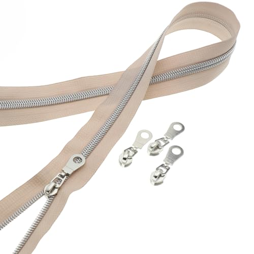 #5 Silver Zipper Bulk 5 Yards Beige Zipper Tape 10pcs Silver Pulls Slider - color: Beige-silver