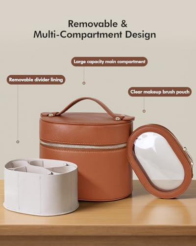 Prite 2 Pcs Makeup Bag Set Travel Cosmetic Case with Clear Pouch for Women | Removable Divider, Vanity Case, Waterproof, Vegan Leather, Elastic Slot, Dual Zipper, Structured, Easy Clean - color: Brown