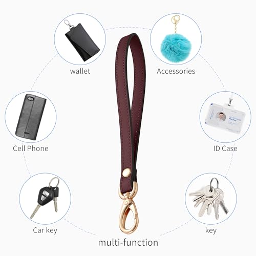 Genuine Leather Wristlet Strap - Universal Hand Lanyard Replacement - color: Gold - Wine Red