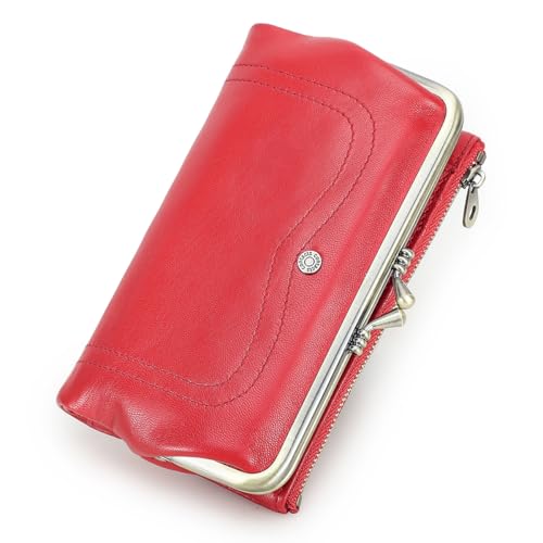 CONTACTS Full Grain Goat Leather Kiss Lock Wallet for Women Vintage Clutch Wallet with Rfid Blocking Zipper Coin Purse (Red) - color: Red