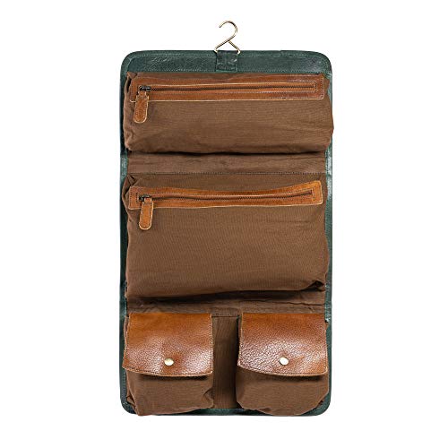 KomalC Premium Buffalo Leather Hanging Toiletry Bag Travel Dopp Kit - color: Green