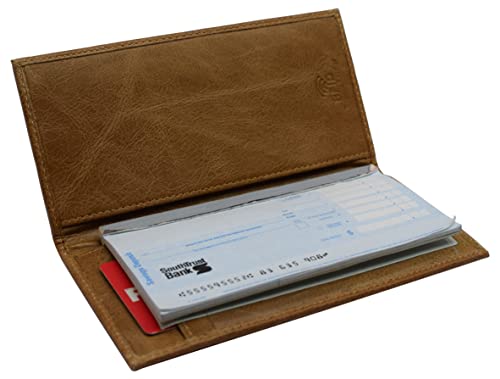 Genuine Leather Checkbook Cover For Men & Women Checkbook Holder Wallet RFID Blocking USA Series (Tan Plain) - color: Tan Plain