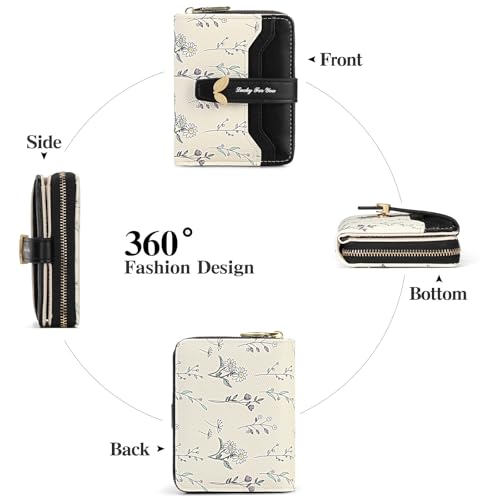 GAEKEAO Small Wallets Woman RFID Blocking Vegan Leather Bifold Floral Ladies Purse Card Holder with Zipper Pocket ID Window - color: Z-Black