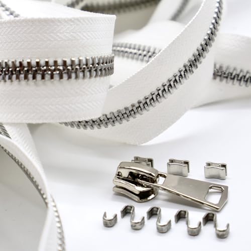 #8 Heavy Duty Metal Zipper by the Yard 3 Yards with 5 Sliders 10 Top Stops and 5 Bottom Stops for Tents Backpacks Outdoor Gear Cushion Covers DIY Pouches and Home Decor(White/Silver Teeth) - color: White/Silver Teeth
