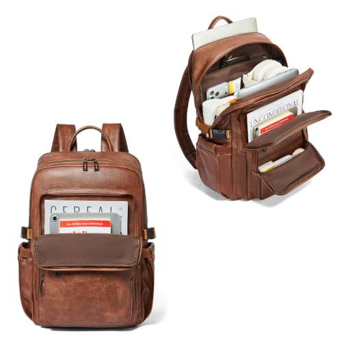 Leather Laptop Backpack for Women Fits 17" Laptop, with RFID Wristlet Purse - color: Brown