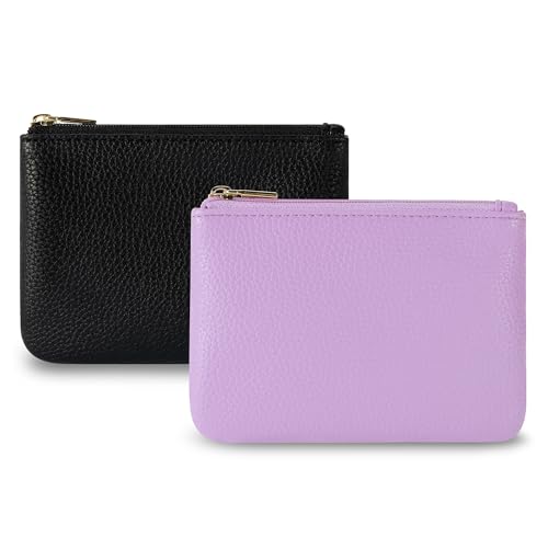 Chelmon PU Leather Coin Purse Pouch Change Holder Small With Zipper for Men Women 2 PCS Set (Black&Purple) - color: Black&Purple