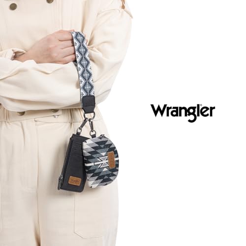 Wrangler Western Aztec Keychain Wristlet Wallets for Women Dual Pouch Wristlet Portable Credit Card Holder Wallet with Zipper Pocket WG2213-W0051BK - color: Angel Aztec Black