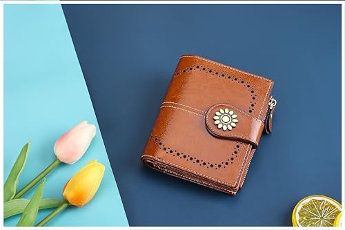 Womens Leather Wallet Small Compact RFID Blocking Credit Card Case Purse with Zipper Pocket | Small - color: Brown