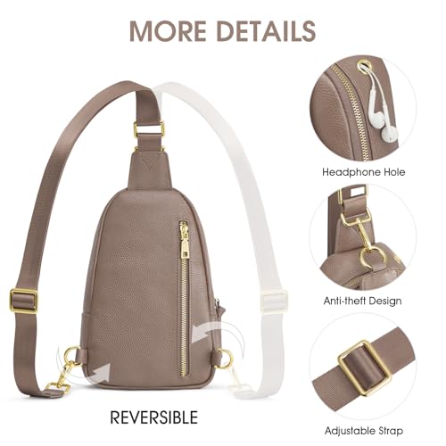 Kattee Sling Bag for Women, Leather Crossbody Bags for Travel, Khaki | Top grain pebbled cowhide leather fanny pack crossbody purse. Small chest bag with RFID blocking for travel. - color: Khaki