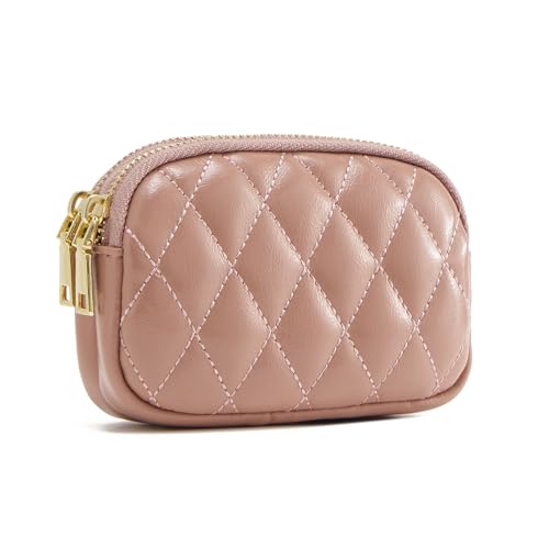 WOZEAH Leather Coin Purse for Women Small 2 Zipper Change Wallet with Key Ring Card Key Coin Cash Holder Pouch(Quilted Purple) - color: Quilted Purple