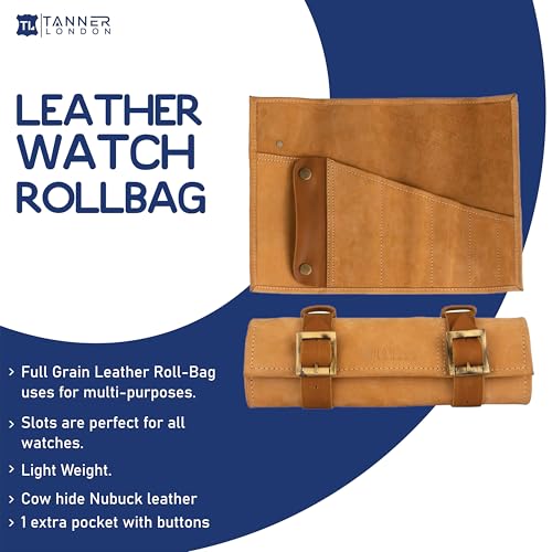 Leather Roll Bag, Full Grain Cowhide Tool Organizer, 35.3 x 25.1 cm, Green and Tan, Multi-Purpose with 5 Slots for Knives and Tools (Tan) - color: Tan