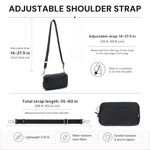 Nylon Wristlet Wallets for Women, Zip Crossbody Phone Purse with Card Slots | Two detachable straps, 8 card slots, clear ID window, dual compartments, and room for a 6.9-inch phone - color: Black