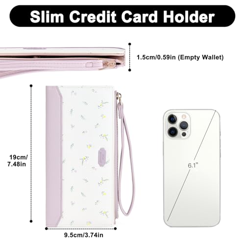Womens Wallet Ultra Slim Floral Long Bifold Wallet for Women Card Holder with Zipper Pocket - color: C02 Purple
