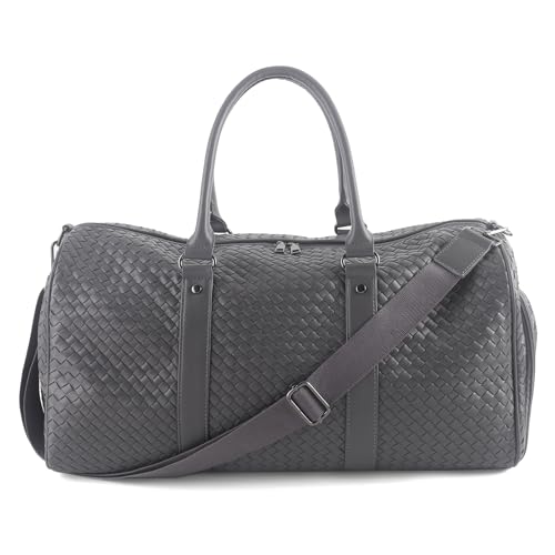 Weekender Bags for Women Woven Leather Travel Duffle Bag Gym Tote (Gray) | Carry On Bag for Men with Shoe Compartment Dry and Wet Separation - color: Gray