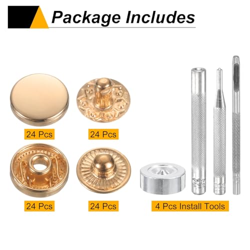 HARFINGTON 24Set Leather Snaps Fasteners Kit 10mm Dia Brass Press-Stud Cap Button 2.76" Length Metal Snap Buttons with 4 Install Tools for Coat Bag Leather Marine Boat Canvas, Gold - color: Gold