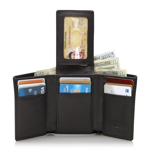Stealth Mode Trifold Wallet - RFID Blocking Wallet with Flip ID Holder - Leather Case for Money, Credit Cards - Mens Organizer, Divided Billfold, Identity Protection - Men's Gifts (Black Crunch) - color: Black Crunch