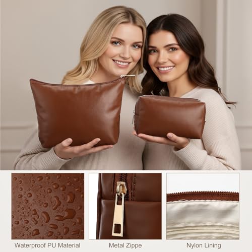 Kigeli 3 Piece Leather Makeup Bag Set Graduation Women Gifts PU Leather Makeup Toiletry Bag Bridesmaid Cosmetic Pouch Small Aesthetic Travel Purse for Wedding Birthday Women Gifts(Brown) - color: brown