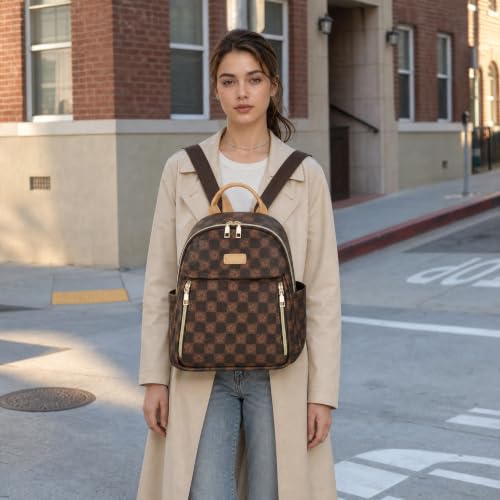 Makes Mini Backpack for Women, Small Casual Backpacks Daily Travel Bag 2pcs | Small Bookbag,Work Travel School PU Leather Shoulder Bag Mochilas Para Mujer Rucksack Gifts for Lady Girls Mother Wife - color: Checkered Coffee