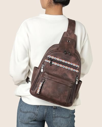 Large Sling Bag for Women, Designer 10L Leather Crossbody Purse | Anti Theft Sling Backpack, RFID Fanny Packs for Travel, Ideal for Vacation Walking Daily Errands - color: Coffee Brown Retro Style