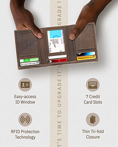 Trifold Wallets for Men - Slim RFID Blocking Wallet for Securing Personal Data - Front Pocket Friendly Genuine Leather Wallet - Mens Wallets Trifold with ID Window - Tri Fold Wallet Gifts for Men - color: Suede Brown