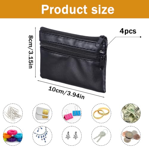 4PCS Black PU Leather Coin Purse, Portable Zipper Coin Purse | Change Pouch Change Coins Pouch ChangePurse for Women Men