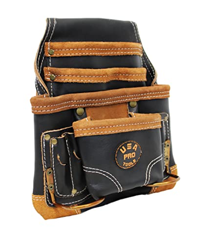 Leather Tool Pouch for Carpenter | Best for Electricians, Plumbers, Handyman and Framers | 10 Pockets with 2 Stainless Steel Hammer Holders - color: Black