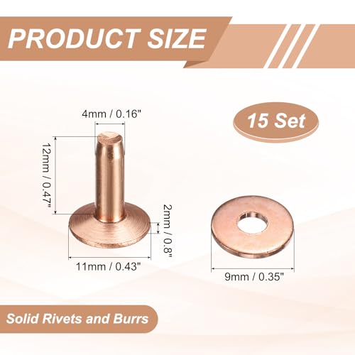 HARFINGTON 15Set Copper Rivets and Burrs Washers 11x4x12mm Dimpled Finish Solid Leather Rivet Fastener Studs Posts for Leather DIY Craft Belts Wallets Collars, Copper Tone - color: Copper Tone, size: 11x4x12mm