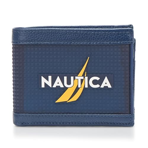 Nautica Men's Bifold Leather Wallet | RFID Blocking | ID Window | Card Slots | Organization | Durable | Stylish - color: Rubber/Leather - Navy