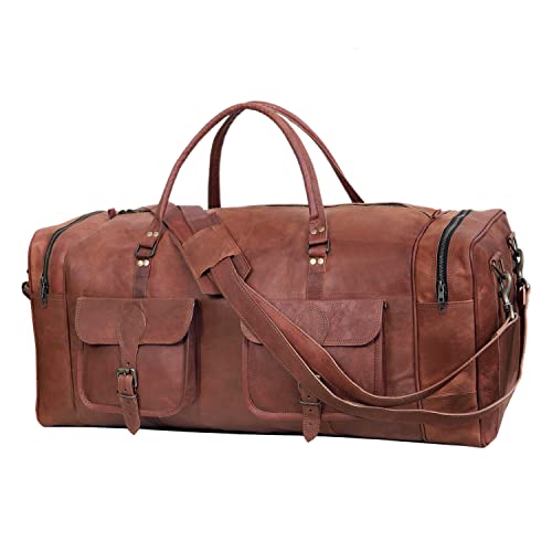 Leather Duffle Bag for Men Luggage Handmade Travel Bag Carry On Luggage Weekender Bags Overnight Gym Sports Cabin Holdall Bag For Airplanes Men And Women (30 Inch Brown) - size: 30 inch