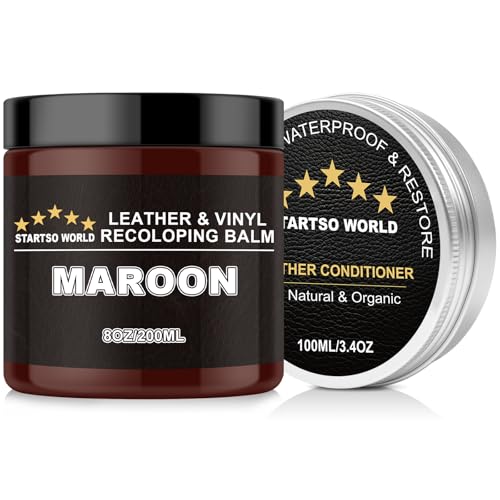STARTSO WORLD 200Ml Leather Recoloring Balm with 100ML Leather Conditioner, Maroon Leather Repair Kit for Furniture, Leather Dye, Leather Scratch Repair, Leather Couch Paint - color: Maroon, size: Leather Recoloring Balm+Mink Oil