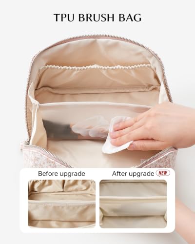 EACHY Makeup Bag, Waterproof PU Leather Travel Toiletry Bag for Women, 180° Wide-Open Flat Cosmetic Bag, Large Capacity Makeup Pouch with Divider and Handle - color: CA-Pink Floral, size: Medium