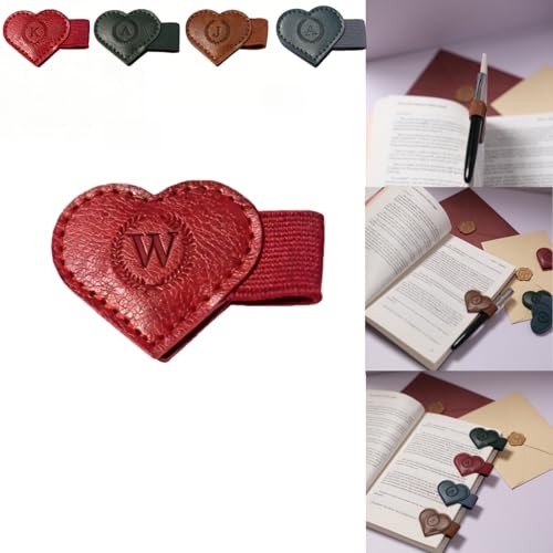 Magnetic Leather Bookmarks with Pen Holder, 26 Letters Name Initial Custom Personalized Heart-Shaped Book Marks for Book Lover Readers, Bygone Cute Leather Bookmark Gift for Women,Girls (Red,W) - color: Red, size: W