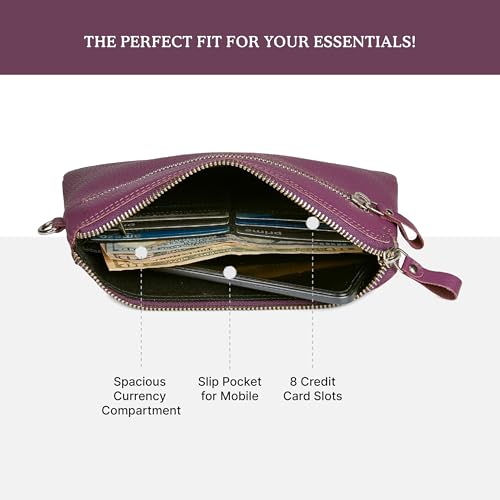 Leather Wristlet Wallet for Women Clutch Handbag Purse with Cell Phone Slot | Genuine Top Grain Leather, 8 Credit Card Slots, Detachable Strap, YKK Zipper, Gifts for Women - color: Amethyst Nappa